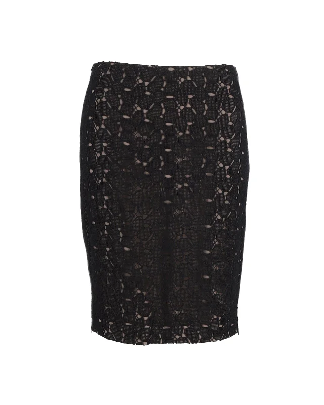 Women's Stylish Vacation Attire Diane Von Furstenberg Clover Lace Pencil Skirt in Black Polyester