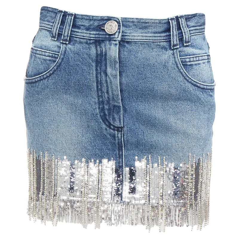 Women's Sports Apparel Balmain Washed Denim Silver Crystal Sequins Fringe Mini Skirt