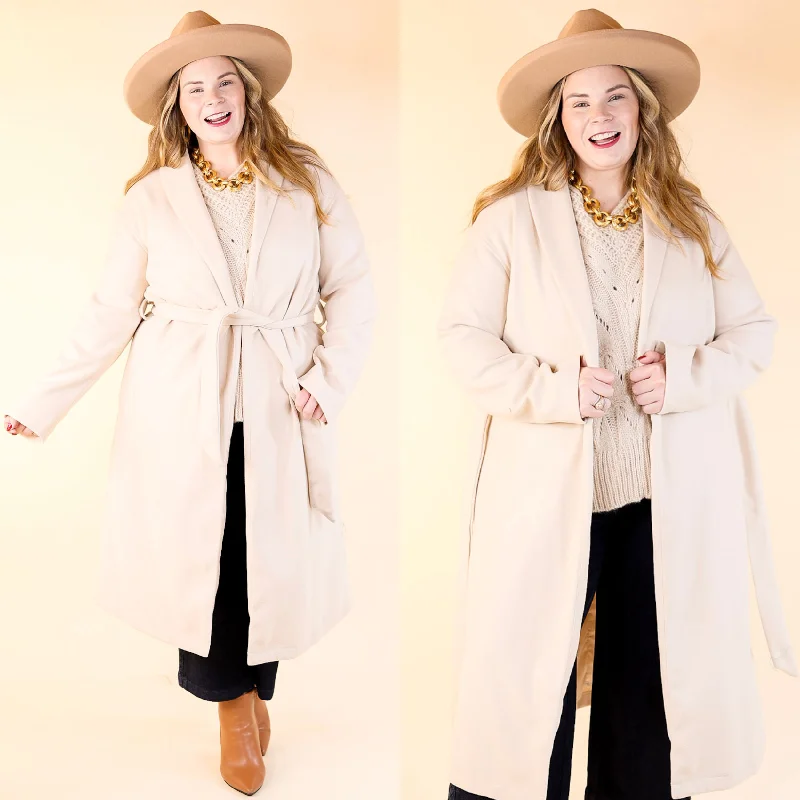 Women's Casual Garments Hollywood Holiday Open Front Long Coat with Waist Tie in Beige