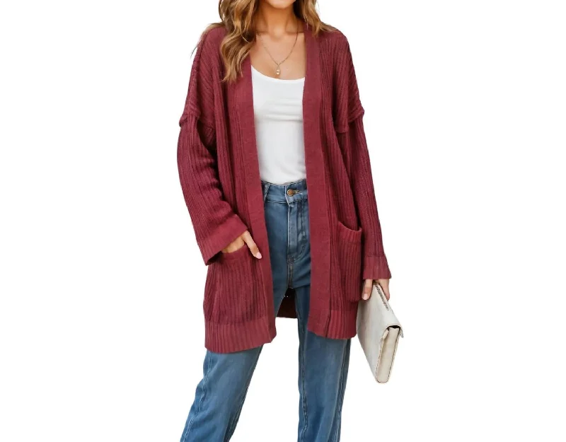 Women's Tailored Outfit Ribbed Open-Front Cardigan With Pockets And Relaxed Fit In Brick