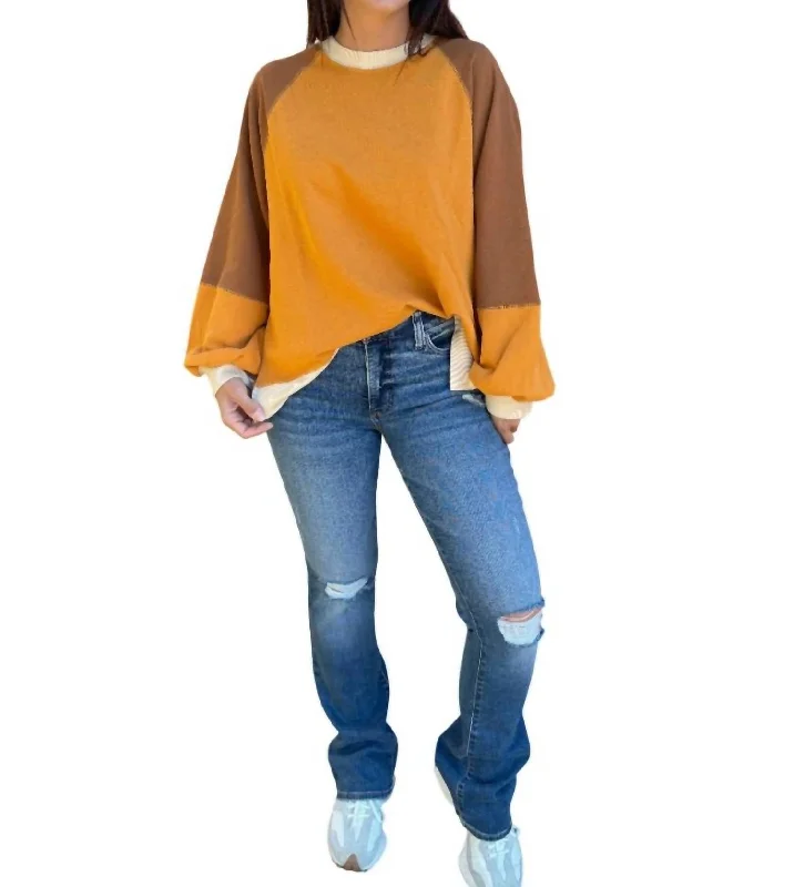 Women's Transitional Outfit Color Block Terry Knit Pullover Top In Mustard