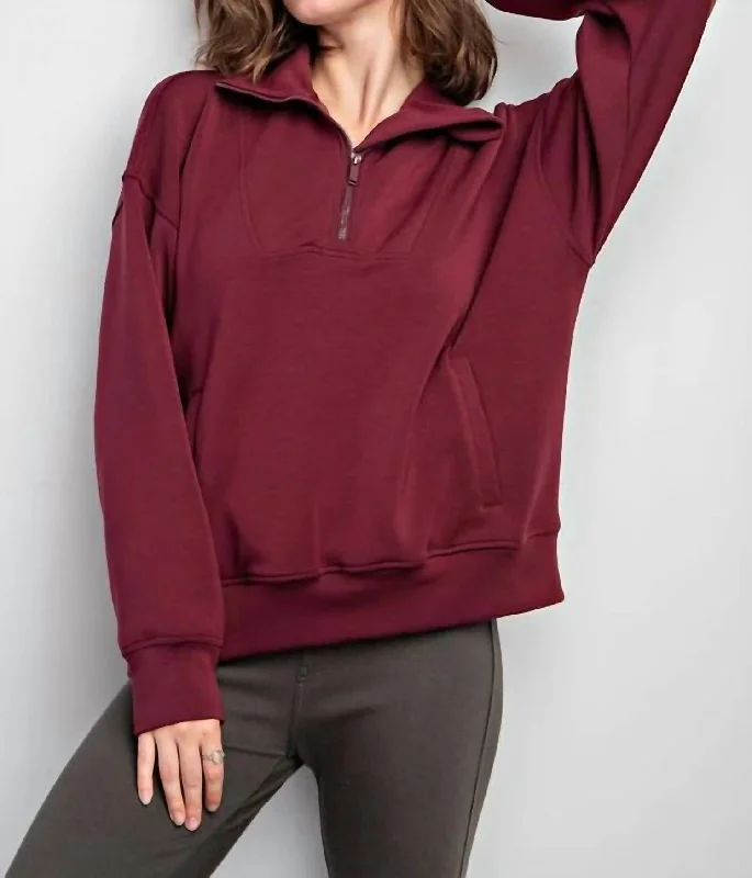 Women's Seasonal Fashion Trends Quarter Zip Pullover Sweater In Wine