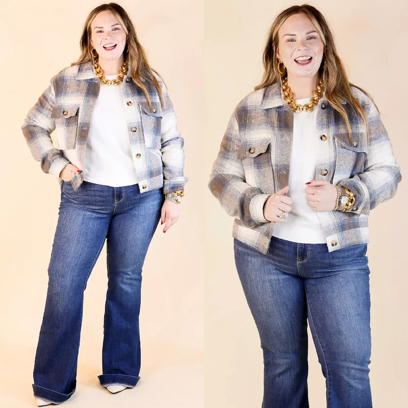 Women's Stylish Vacation Attire Lost In the Redwoods Button Up Cropped Plaid Jacket in Blue Mix