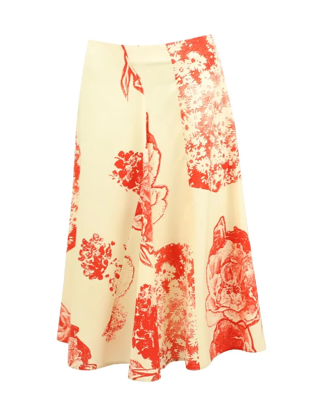 Women's Attire Stella McCartney Floral Print A-Line Midi Skirt in White Silk