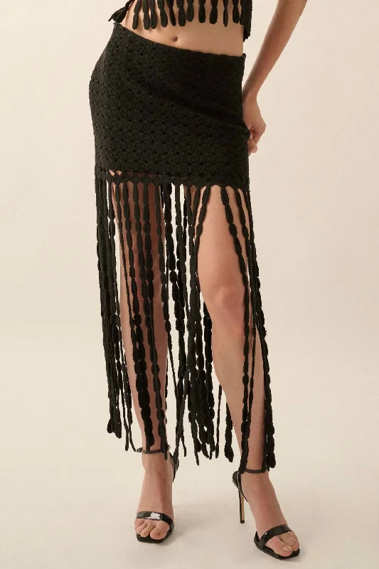 Bundle Offer Solid Crochet Eyelet-Knit Fringe Maxi Skirt In Black