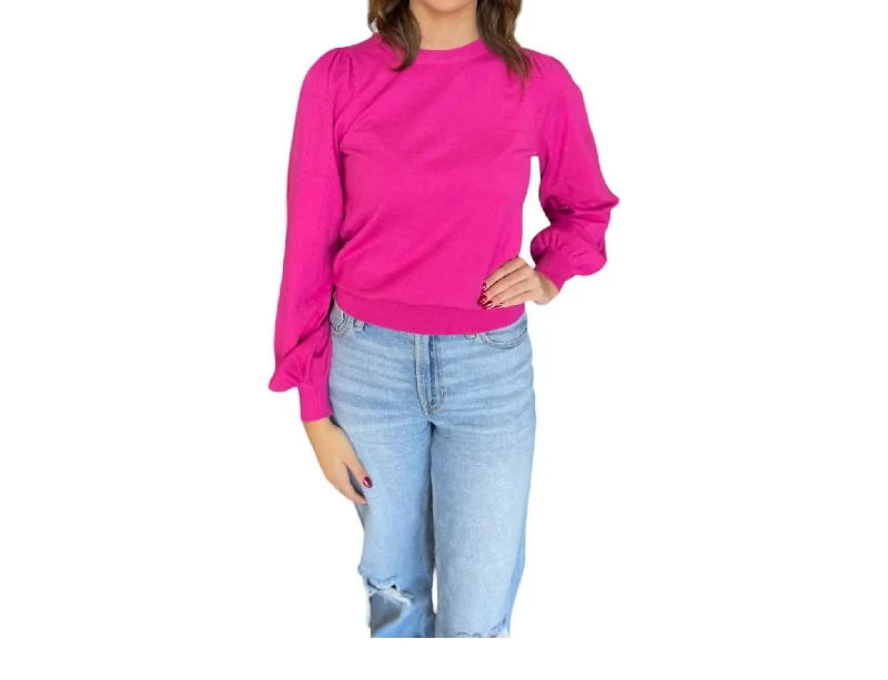 Fashion-forward Women's Clothing Pointelle Puff Sleeve Sweater In Pink