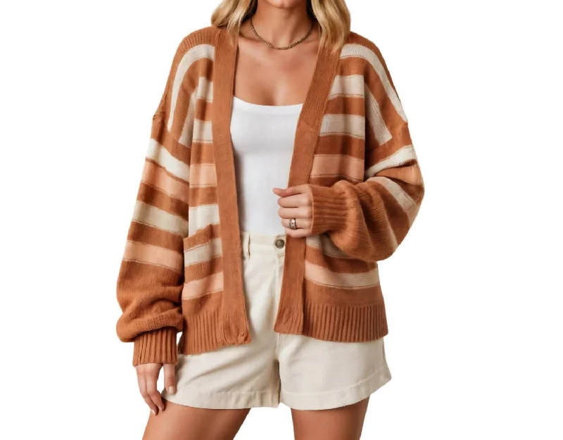 Women's Elegant Evening Outfit Striped Open-Front Cardigan With Ribbed Cuffs And Relaxed Fit In Brown