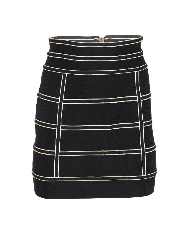 Fashionable Women's Outfit Balmain Metallic Piping Stretch Knit Mini Skirt in Black Viscose